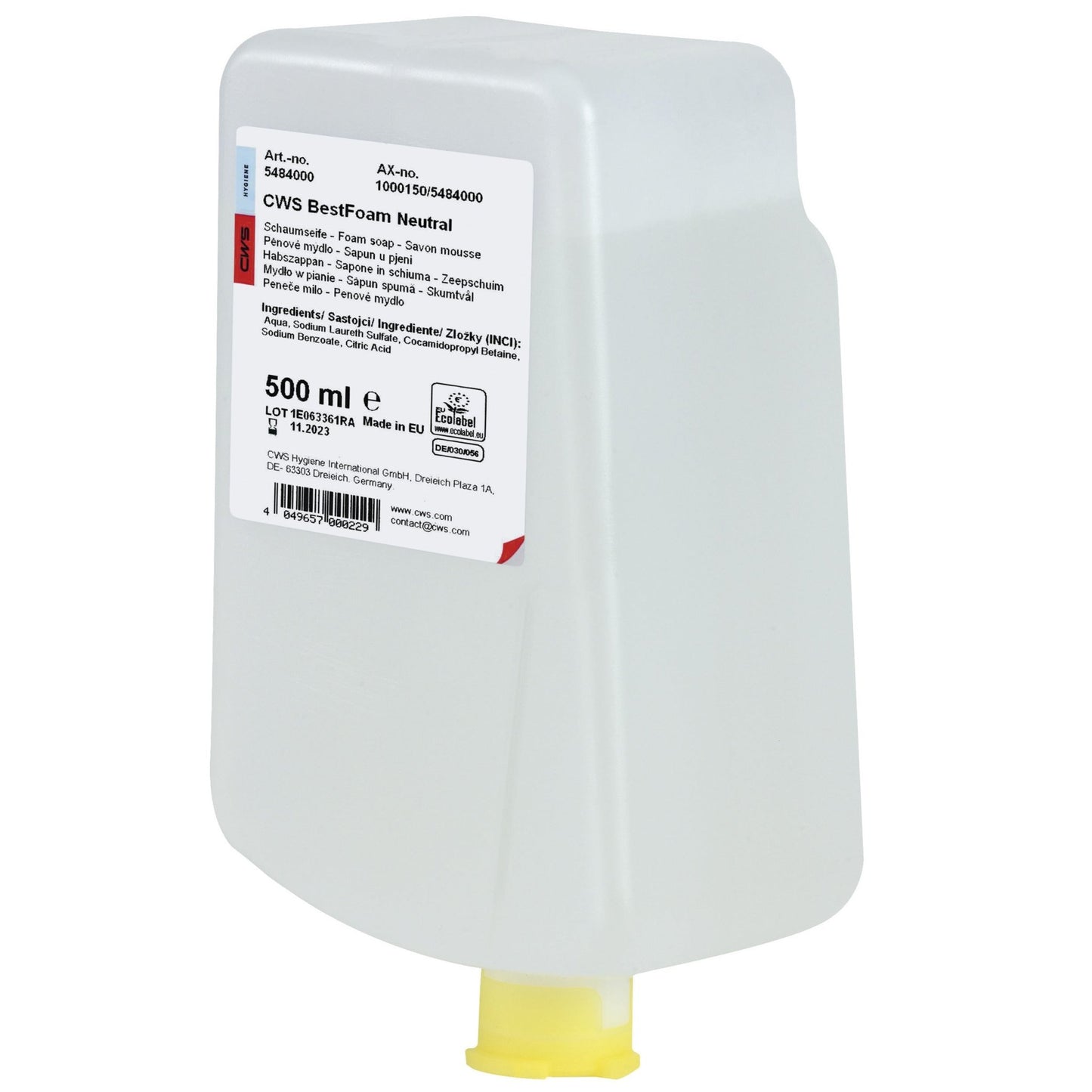 A 500 ml container made of transparent plastic with a yellow dispenser cap and a white label with the inscription "CWS BestFoam Neutral soap foam". The mild formula produces a soft foam, making it ideal for daily hand hygiene. Brand: CWS.