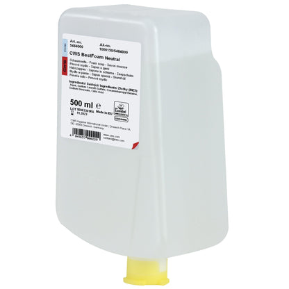 A 500 ml container made of transparent plastic with a yellow dispenser cap and a white label with the inscription "CWS BestFoam Neutral soap foam". The mild formula produces a soft foam, making it ideal for daily hand hygiene. Brand: CWS.