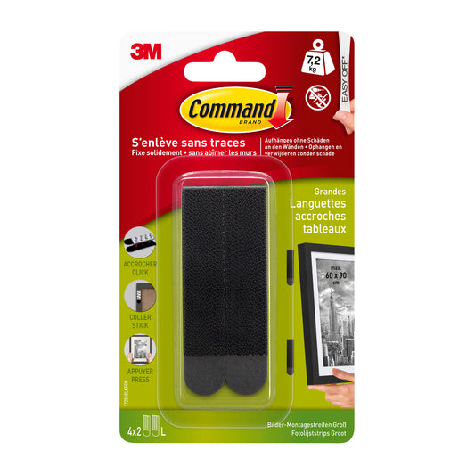 Eine Packung der 3M Deutschland GmbH große schwarze Command™ Bilder-Montage Strips 17206BLK (1 Stück), hält bis zu 7,2 kg. Die grüne Verpackung ist mit weißem und gelbem französischen Text, Bildern der Streifen und einem Bilderrahmen versehen.