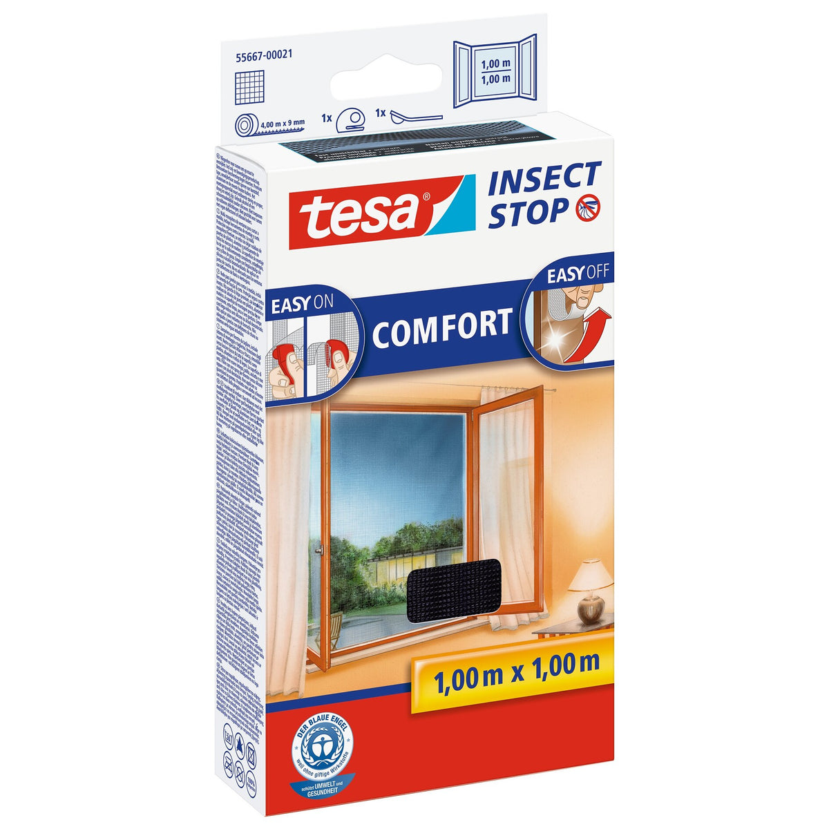 tesa COMFORT Insektengitter für Fenster, 100 x 100 cm, anthrazit