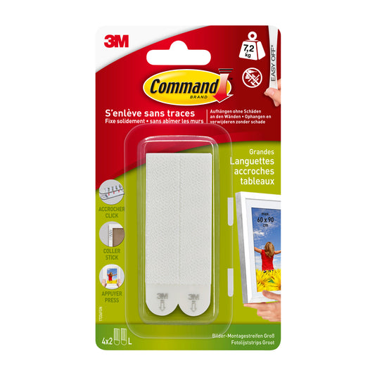 Eine Packung Command™ Bilder-Montage Strips L 17206, Weiß von 3M Deutschland GmbH, enthält einen Satz großer weißer Klebestreifen mit Anleitung in einer Blisterpackung.