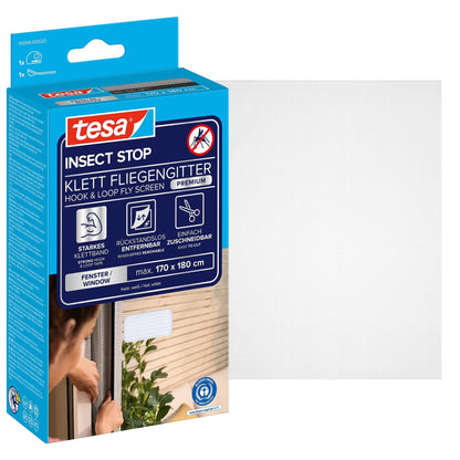 tesa INSECT STOP Klett Fliegengitter Premium für Fenster, weiß 170 x 180 cm