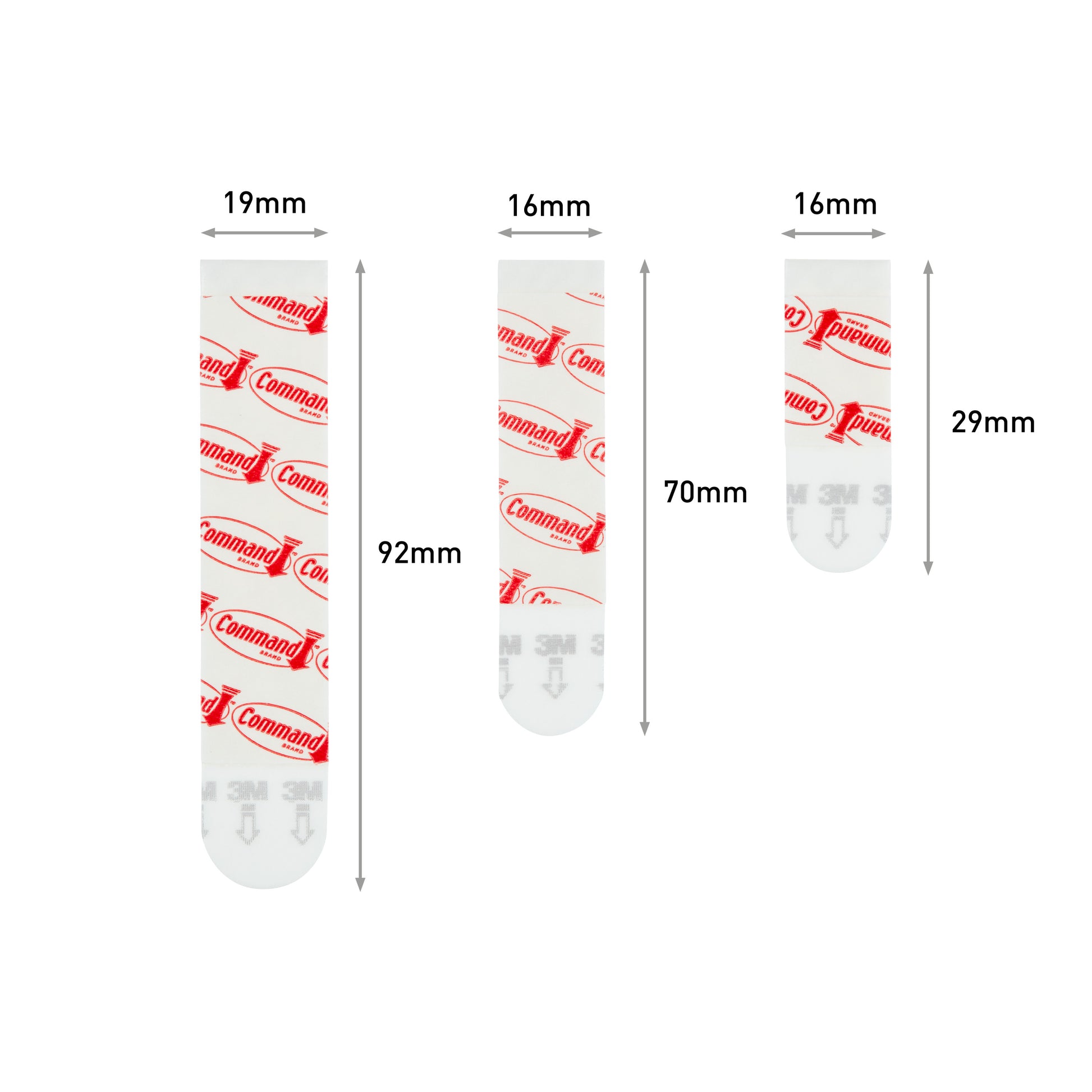 Drei Multipack Command™ Strips von 3M Deutschland GmbH (17200, Packung 1 Stück) sind in einer Reihe abgebildet: 19mm x 92mm, 16mm x 70mm und 16mm x 29mm. Jeder weiße Streifen ist mit einem roten Branding und Messpfeilen versehen.