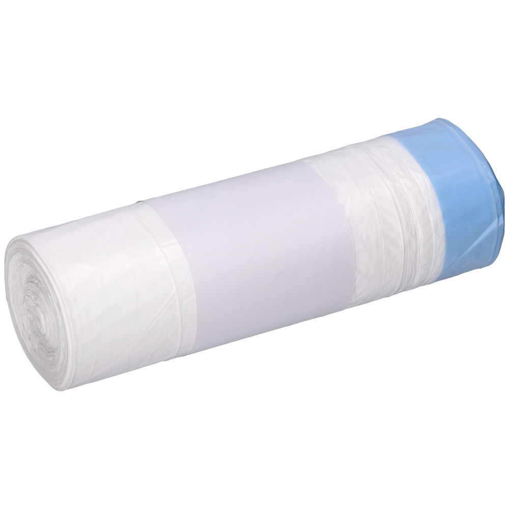 Eine Rolle weißer DEISS 56004 Müllsäcke (25 Stück, 500x600+50x0,015 mm) der EMIL DEISS KG (GmbH + Co.), mit einem blauen Sack am Ende, ist in ein schlichtes weißes Etikett eingewickelt und auf einem hellen Hintergrund platziert.