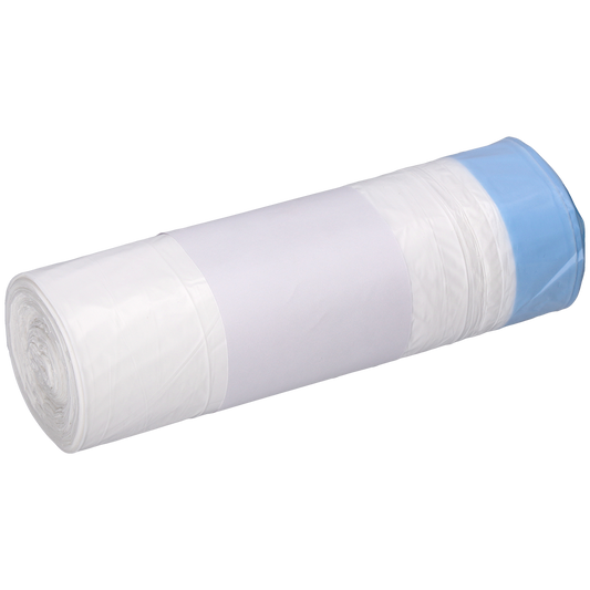 Eine Rolle weißer DEISS 56004 Müllsäcke (25 Stück, 500x600+50x0,015 mm) der EMIL DEISS KG (GmbH + Co.), mit einem blauen Sack am Ende, ist in ein schlichtes weißes Etikett eingewickelt und auf einem hellen Hintergrund platziert.