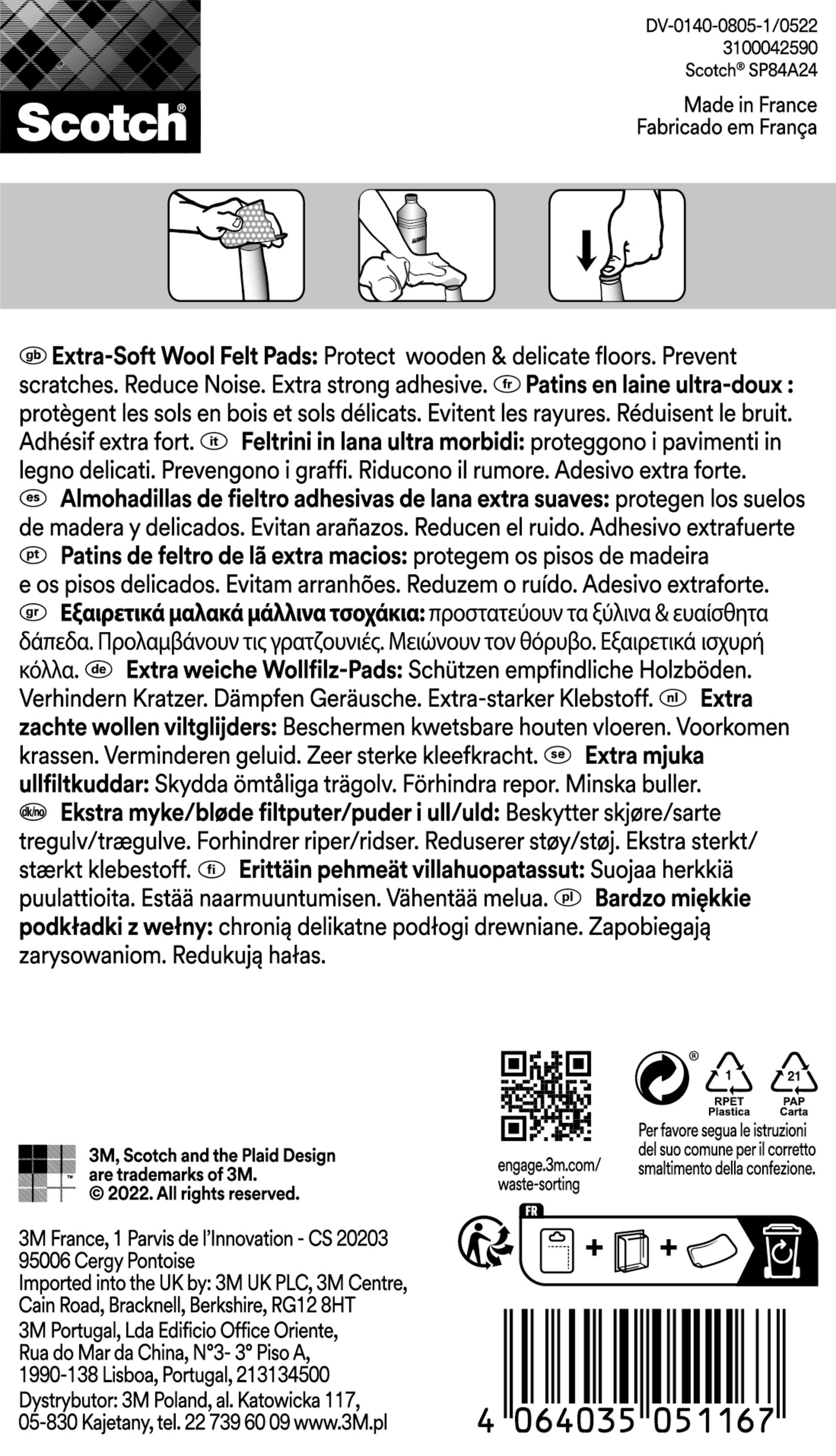 Abbildung des Etiketts Scotch® Extra weiche Filzpads SP84A24 (3M Deutschland GmbH): beige selbstklebende Wollfilzpads, 24 mm x 22 mm, 12 Stück. Das Etikett zeigt mehrsprachige Anweisungen, Merkmale, Barcode und Herstellerinformationen.
