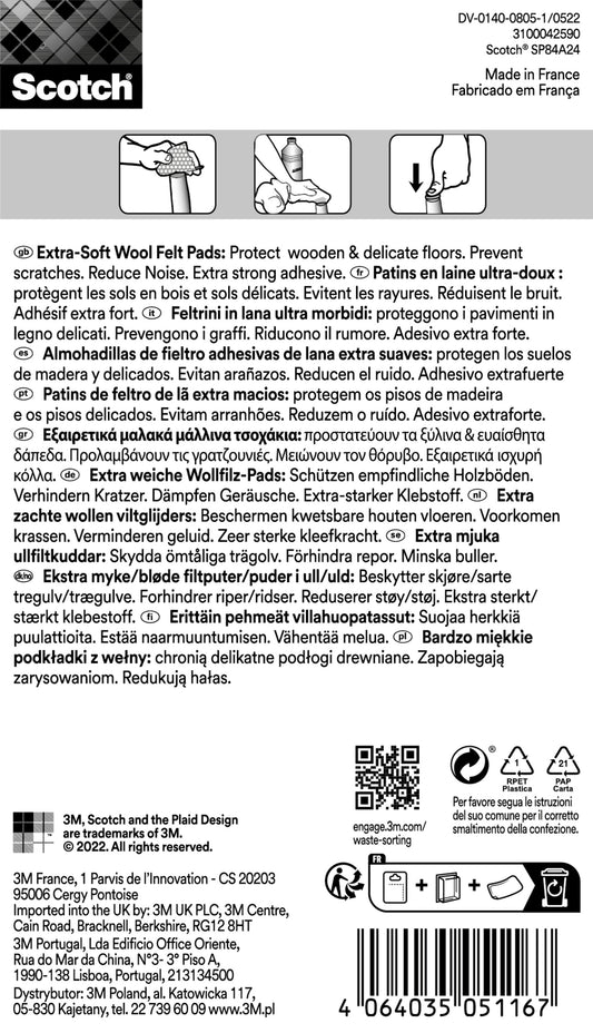 Abbildung des Etiketts Scotch® Extra weiche Filzpads SP84A24 (3M Deutschland GmbH): beige selbstklebende Wollfilzpads, 24 mm x 22 mm, 12 Stück. Das Etikett zeigt mehrsprachige Anweisungen, Merkmale, Barcode und Herstellerinformationen.