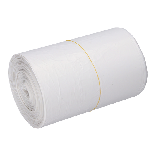Eine Rolle DEISS 56820 Müllsäcke (540x580x0,011 mm, 100 Stück, weiß) der Marke EMIL DEISS KG (GmbH + Co.) liegt auf schlichtem weißen Hintergrund - praktisch für ordentliche Abfallentsorgung.