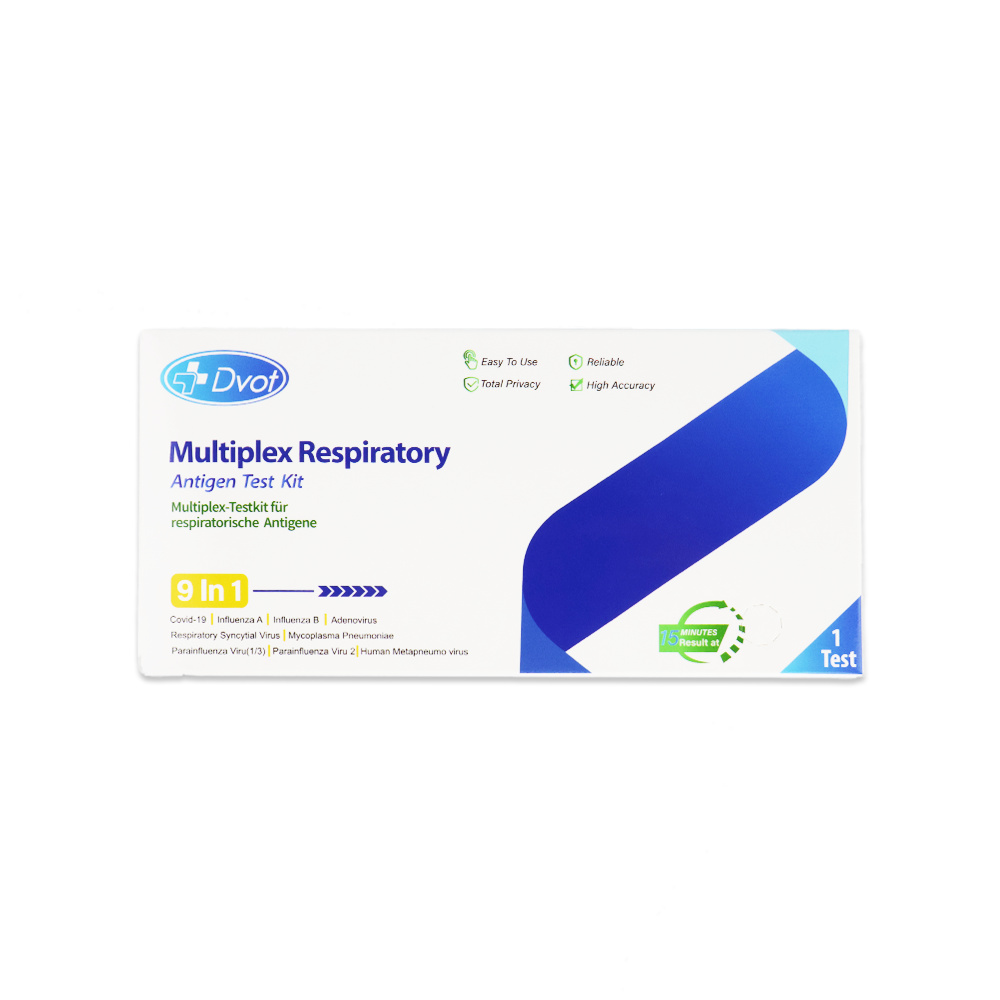 Eine rechteckige Schachtel des Altruan Combo 9in1 - DVOT Professional Testkits (1 Stück) weist SARS-CoV-2, Influenza A+B, RSV, Adenovirus, hMPV, PIV 1/3, PIV 2, Mycoplasma nach. Überwiegend weiß mit blau-grünen Akzenten und Schnelltest-Symbolen in Deutsch und Englisch.