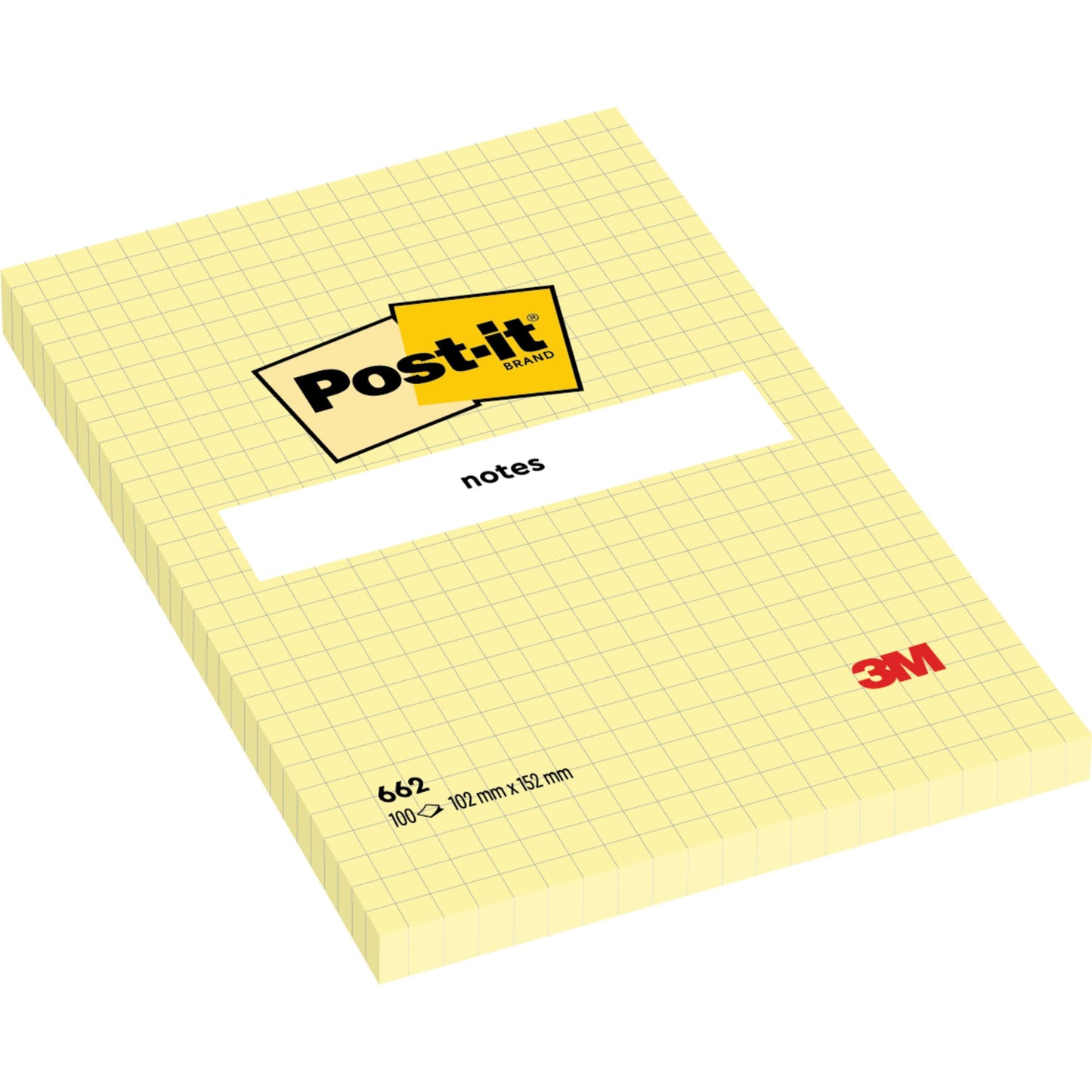 A yellow Post-it® Notes block in large format (101 x 152 mm) with grid, 100 sheets, from 3M Deutschland GmbH, model SGSCH-PEFC-COC-110078, 100% PEFC-certified.