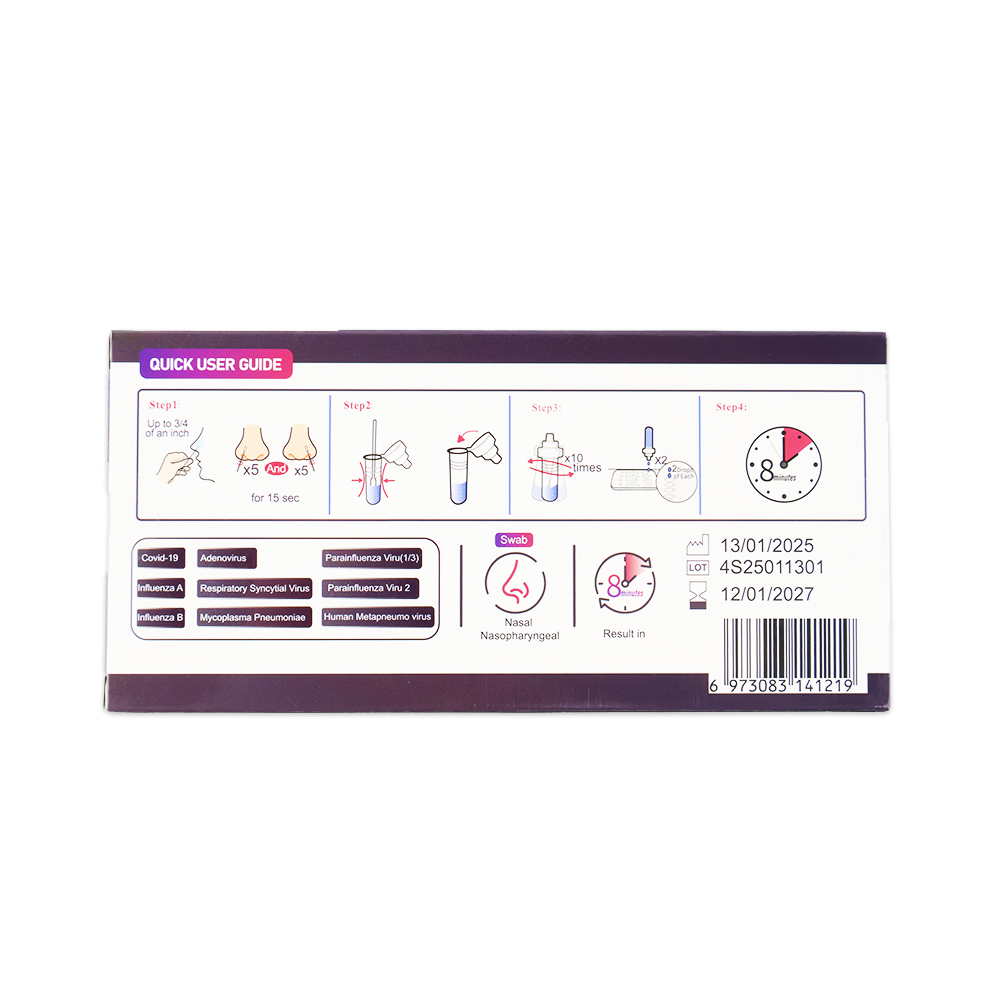 Die rechteckige Altruan Combo 9in1 Box zeigt eine illustrierte Anleitung für den DVOT Professional Test, die die nachweisbaren Viren (SARS-CoV-2, Influenza A+B, RSV, Adenovirus, hMPV, PIV 1/3 & 2, Mycoplasma), die Ergebniszeit, das Verfallsdatum, die Chargennummer und den Barcode aufführt.