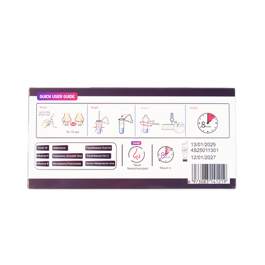 Die rechteckige Altruan Combo 9in1 Box zeigt eine illustrierte Anleitung für den DVOT Professional Test, die die nachweisbaren Viren (SARS-CoV-2, Influenza A+B, RSV, Adenovirus, hMPV, PIV 1/3 & 2, Mycoplasma), die Ergebniszeit, das Verfallsdatum, die Chargennummer und den Barcode aufführt.