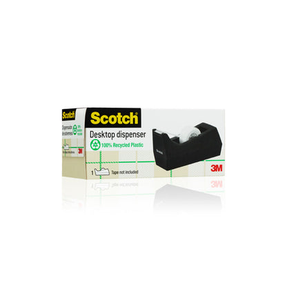 A box with the Scotch™ Desktop Tape Dispenser C38 in Black from 3M Deutschland GmbH. The packaging highlights the dispenser, notes that no tape is included, and is ideal as office equipment.