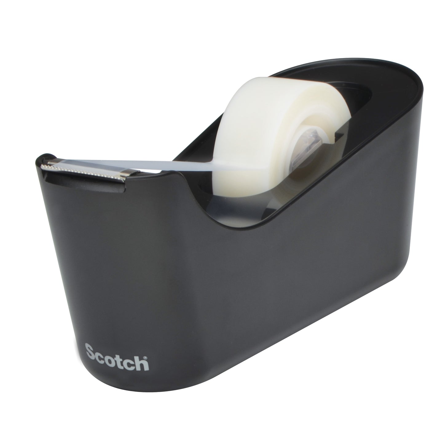 The Scotch™ Desktop Dispenser C18 in Black from 3M Deutschland GmbH holds a roll of Scotch® Magic™ Invisible Tape and offers practical convenience with a metal tear-off edge - an indispensable office accessory.