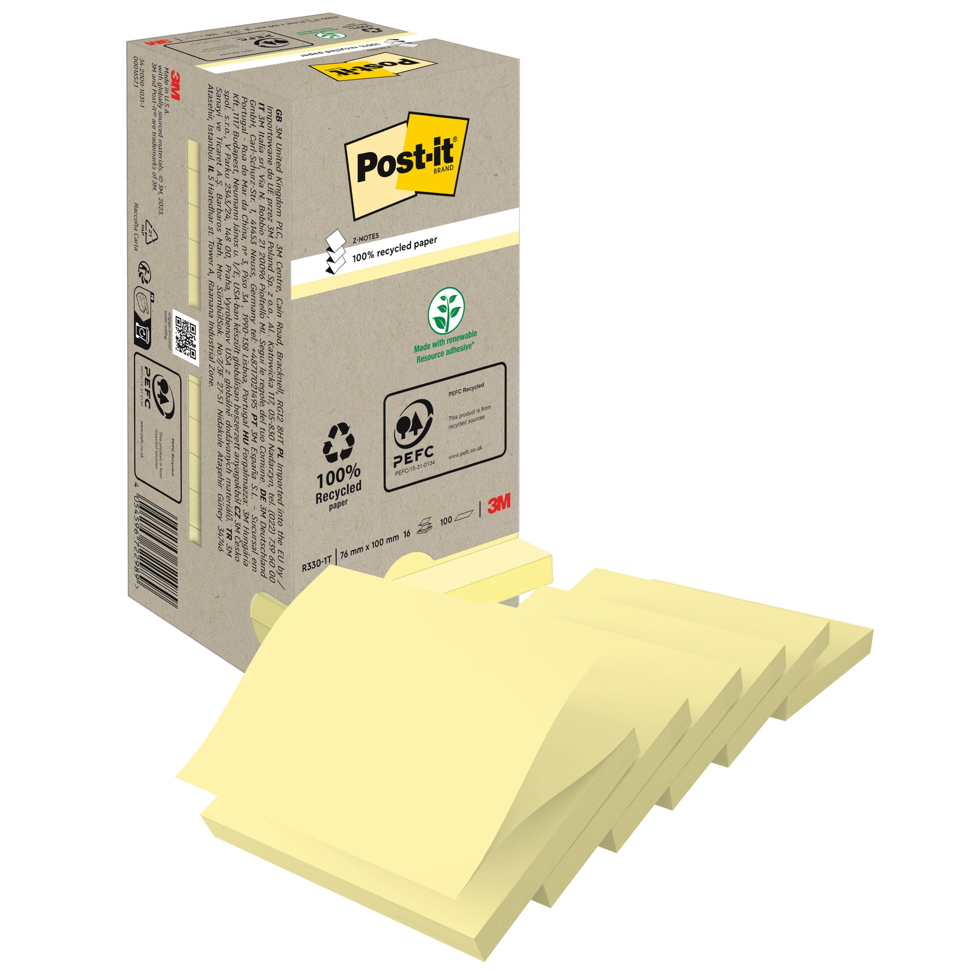 Abgebildet ist eine beigefarbene Schachtel der 3M Deutschland GmbH Post-it® Recycling Z-Notes (76 mm x 76 mm, 100% PEFC, 100 Blatt/Block) mit mehreren gelben Blöcken auf der Vorderseite und Recycling-/Zertifizierungssymbolen auf der Schachtel.