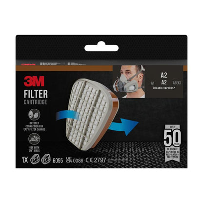 Front view of the packaging of the 3M™ Filter Cartridge 6055, A2 Organic Vapors from 3M Deutschland GmbH, showing the cartridge, a person with a respirator mask, and product details such as "A2" and "Organic Vapors".