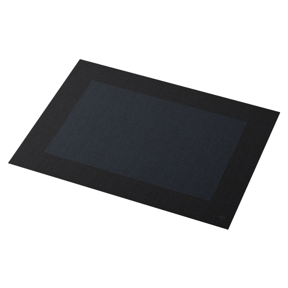 The Duni Dunicel® placemat 30 x 40 cm Linnea Black by Duni GmbH is a rectangular, dark-colored placemat with a subtle pattern. It features a darker central rectangle surrounded by a lighter edge with a woven texture, making it perfect for any dining room. Each pack contains 100 pieces.