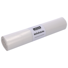 Eine weiße Rolle der EMIL DEISS KG (GmbH + Co.) DEISS 59024 - 620x720 mm transparenter Müllbeutel, Packung mit 50 Stück, liegt auf hellem Untergrund. Das Etikett zeigt den Markennamen und die Produktbeschreibung auf Deutsch.