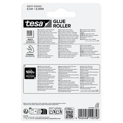 tesa GLUE ROLLER Permanent Disposable, 8,5 m x 8,4 mm, transparent, im Blister