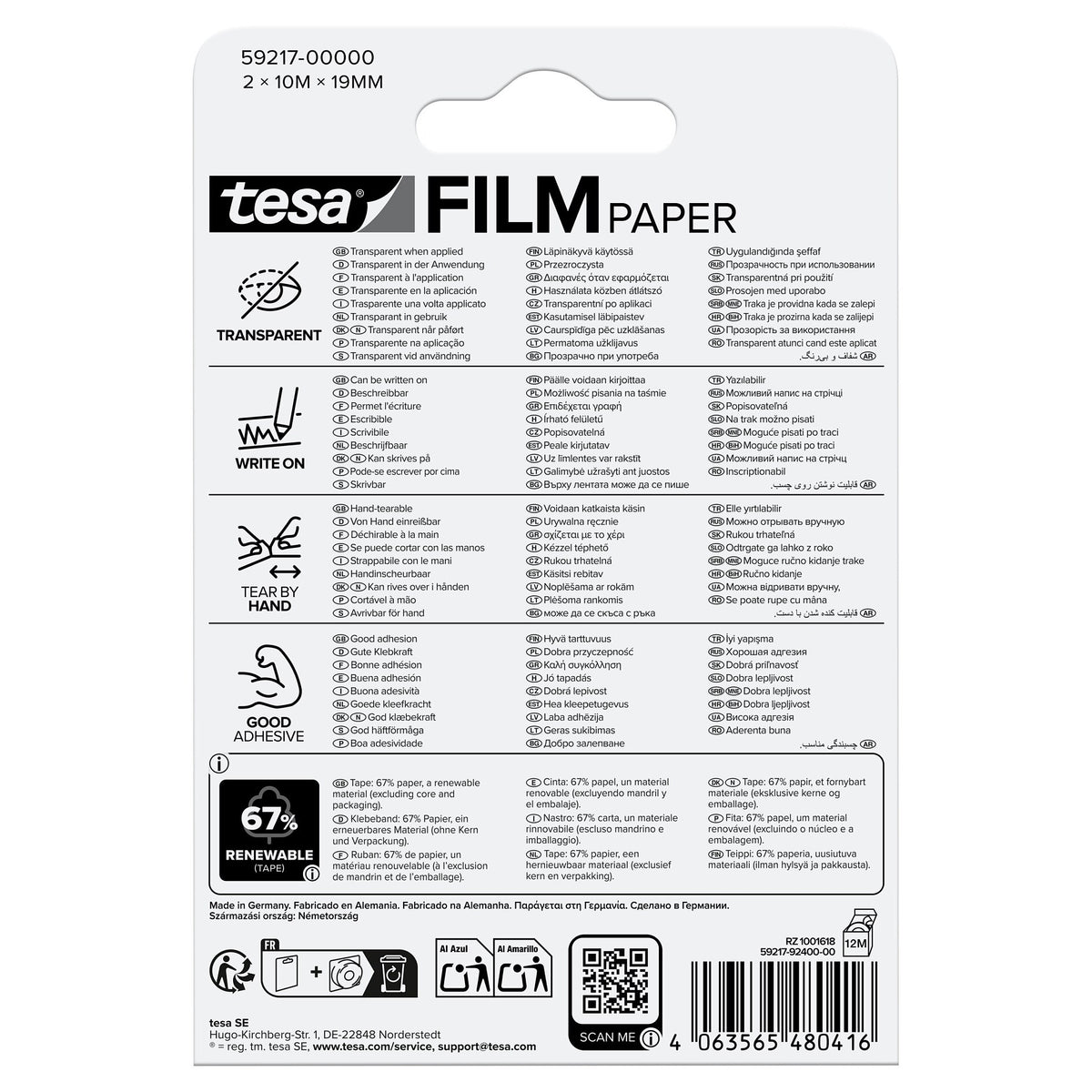 tesafilm PAPER, transparent, im Blister, 10 m x 19 mm