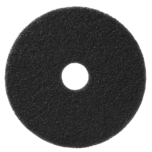 Ein schwarzes, rundes TASKI Americo Pad Schwarz, aggressives Scheuerpad von Diversey Deutschland GmbH & Co. OHG, von oben gesehen mit zentralem Loch und auf weißem Hintergrund, ideal für anspruchsvolle Reinigungsaufgaben.