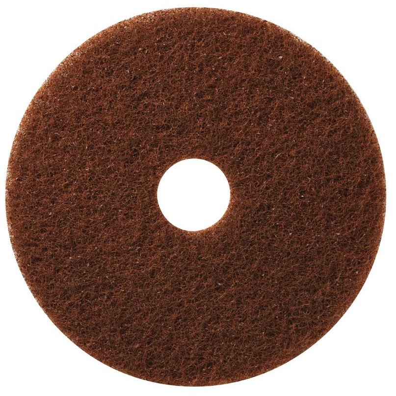 The TASKI Americo Pad Brown - Aggressive floor cleaning pad from Diversey Deutschland GmbH & Co. OHG is a brown, round pad with a textured surface and center hole, depicted from above on a white background.