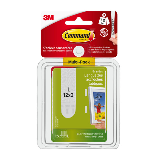 Vorderansicht eines 3M Deutschland GmbH Große Command™ Bilder-Montage Strips L, 12 Sets im Vorteilspack (17206-12), weiße Verpackung. Die Etikettenstreifen halten bis zu 7,2 kg, ideal für die Montage von Bildern ohne Beschädigung.