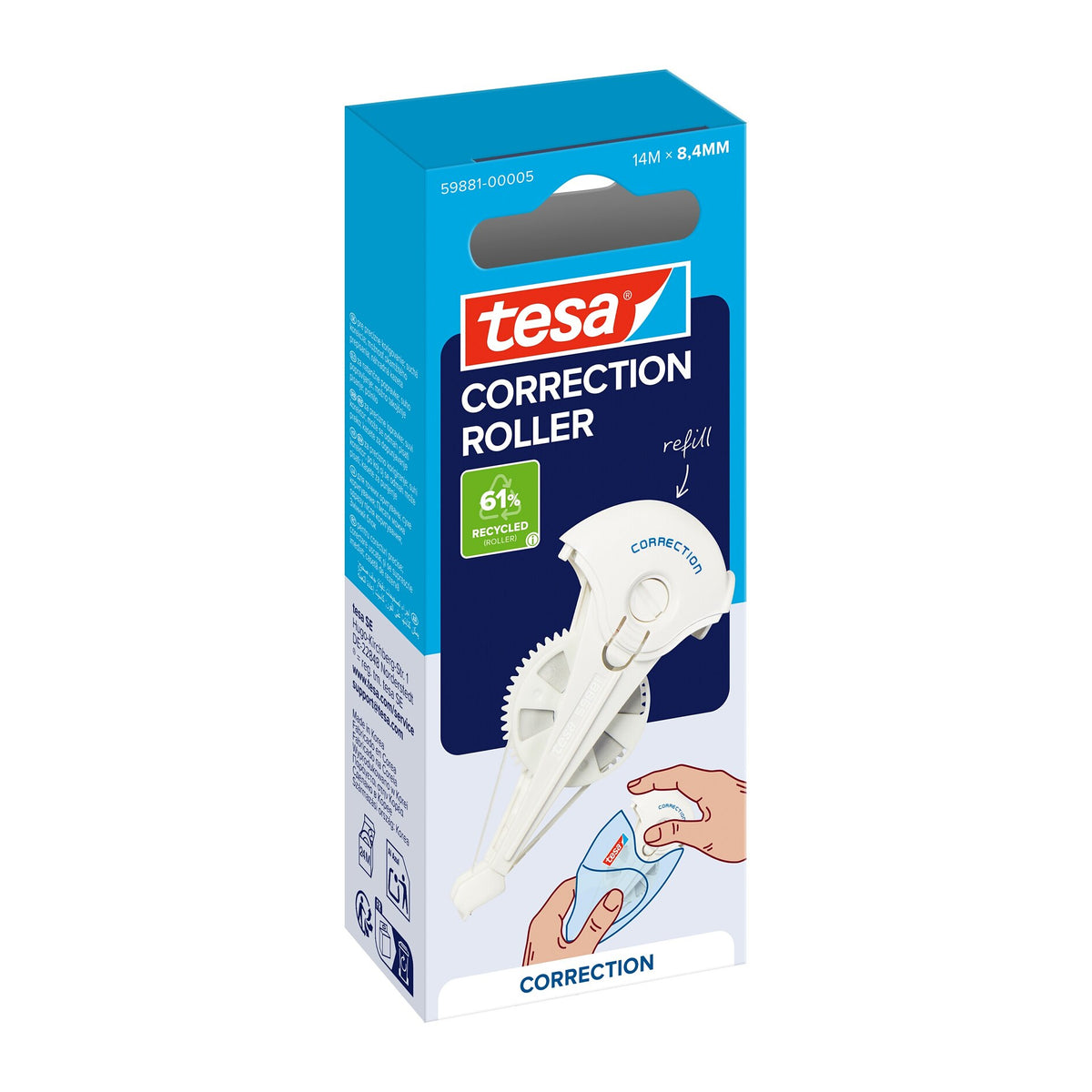 tesa CORRECTION ROLLER, weiß, in Hängefaltschachtel, Nachfüllung, 14 m x 8,4 mm