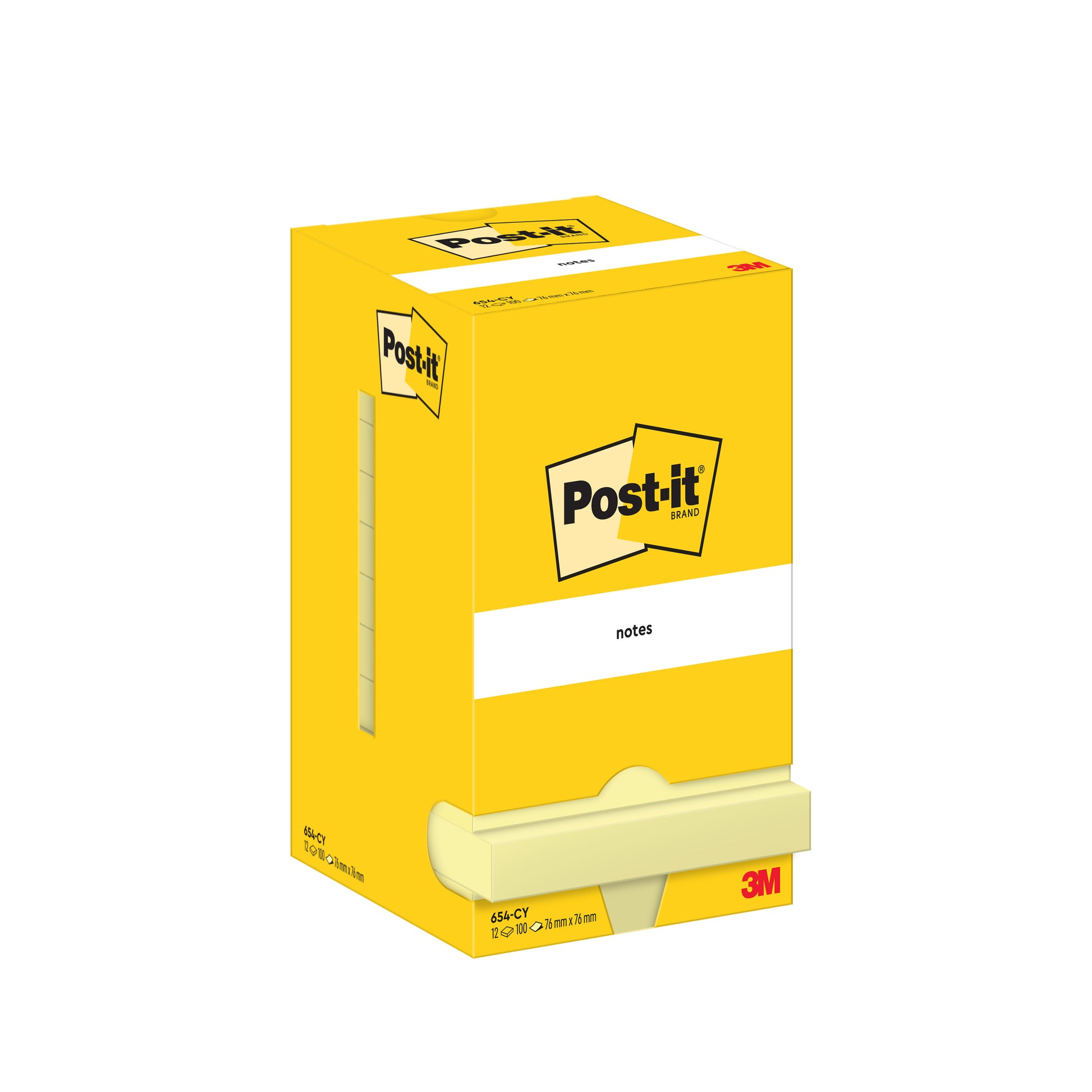 Abgebildet ist eine gelb-weiße Schachtel mit Post-it® Notes der 3M Deutschland GmbH. Der Karton enthält zwölf Blöcke im Format 76 mm x 76 mm mit jeweils 100 Blatt, hergestellt aus 100 % PEFC-zertifiziertem Papier für einen einfachen Zugriff auf die Haftnotizen.