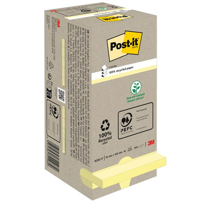 Depicted is a box of 3M Deutschland GmbH Post-it® Recycling Z-Notes (76x76mm, 100 sheets, 100% PEFC) with eco-friendly symbols on the packaging and two yellow blocks partially visible at the bottom.
