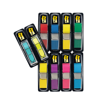 Nine packs of 3M Deutschland GmbH Post-it® Index Flags, Mini (11.9 x 43.2mm, various colors), as well as Index Arrows in Blue and Yellow (8 dispensers + 4 free per pack) are arranged on a white background.