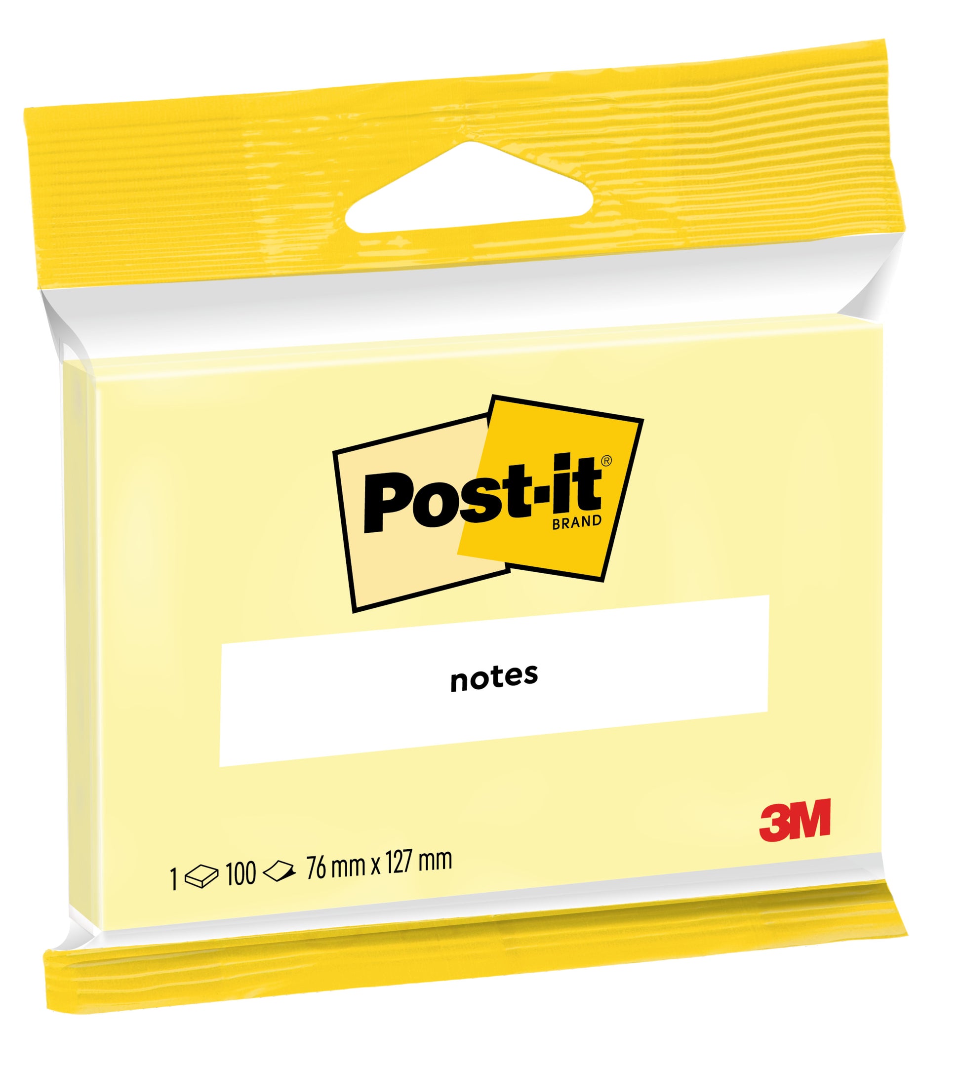 Eine Packung Post-it® Notes von 3M Deutschland GmbH in Gelb, 76 mm x 127 mm, enthält 100 Blatt, ist PEFC-zertifiziert und ideal für Bürobedarf. Die Verpackung zeigt das Markenlogo sowie Produktinformationen.