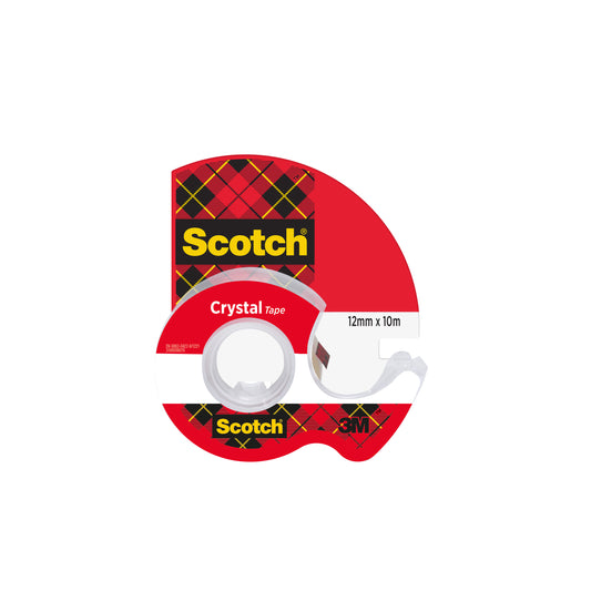 Eine Packung der 3M Deutschland GmbH mit einer Rolle Scotch® Crystal Klebeband (12 mm x 10 m) und einem transparenten Abroller.
