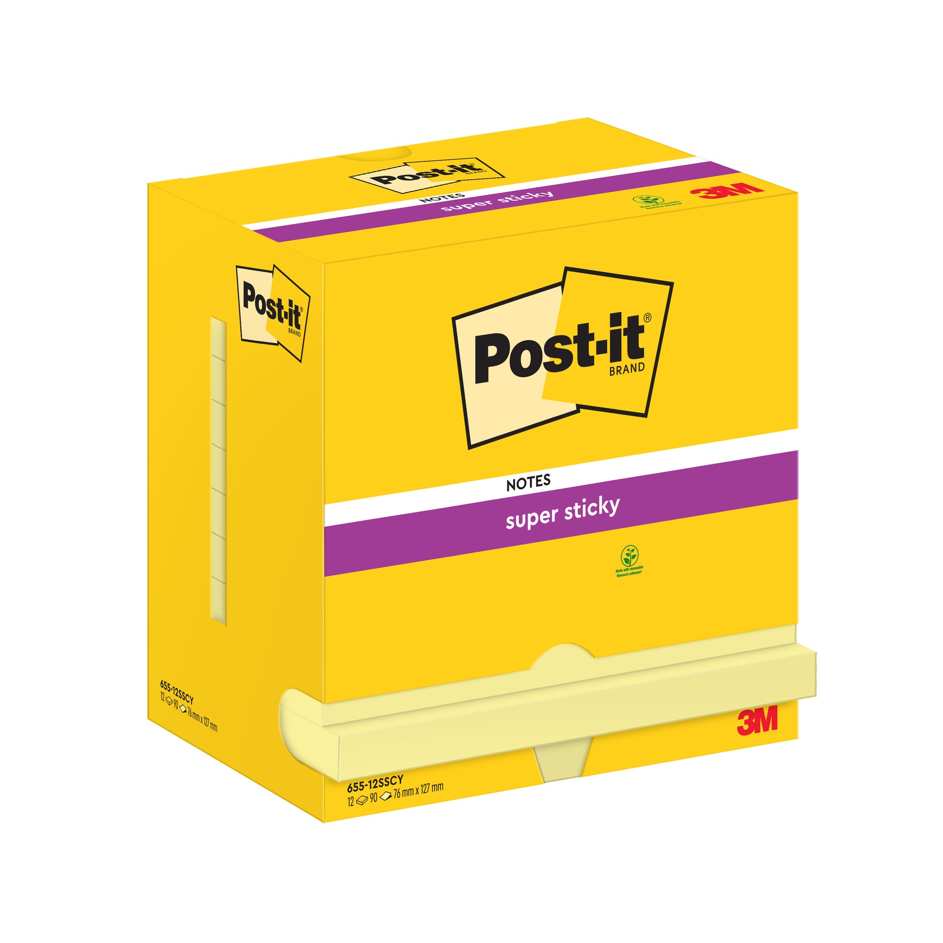 Eine gelbe Schachtel Post-it® Super Sticky Notes von 3M Deutschland GmbH, Größe 76x127 mm, enthält 12 Blöcke mit je 90 Blatt. Die im Karton verpackten Haftnotizen sind aus 100% PEFC-zertifiziertem Papier hergestellt.