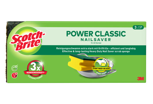 Ein 3er-Pack Scotch-Brite® Classic Griffschwämme von 3M Deutschland GmbH, mit gelbem und grünem Design und zweisprachiger deutsch-englischer Info auf der Verpackung.