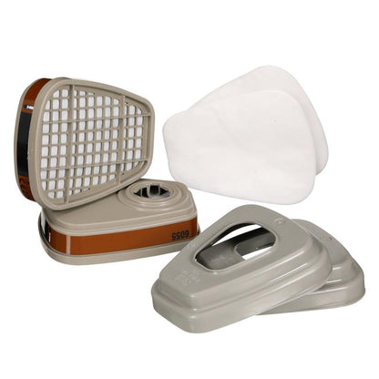 A disassembled 3M™ Filter Set 6002-1SP, A2P2 organic vapors (2x6055, 2x5925, 2x501) from 3M Deutschland GmbH is shown with plastic covers and white filter pads on a white background.