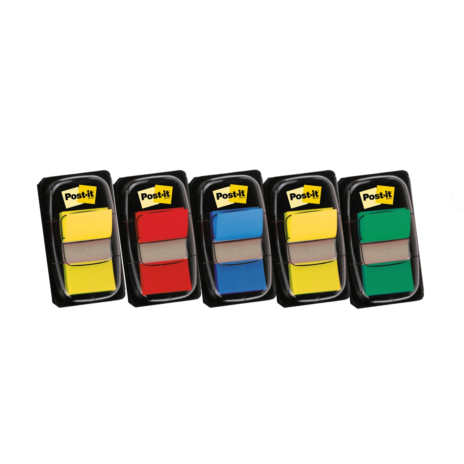 Fünf 3M Post-it® Index Haftstreifen in verschiedenen Farben sind nebeneinander abgebildet, jeder in einem Kunststoffspender mit dem Logo auf der Oberseite; jeder Spender fasst 50 Streifen (25,4 mm x 43,2 mm), mit drei Spendern plus zwei kostenlosen pro Packung.