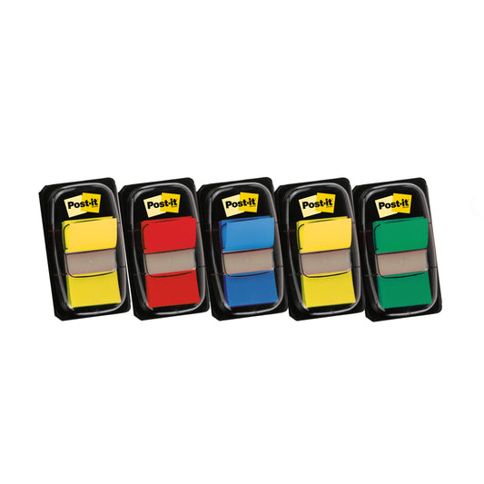 Fünf 3M Post-it® Index Haftstreifen in verschiedenen Farben sind nebeneinander abgebildet, jeder in einem Kunststoffspender mit dem Logo auf der Oberseite; jeder Spender fasst 50 Streifen (25,4 mm x 43,2 mm), mit drei Spendern plus zwei kostenlosen pro Packung.
