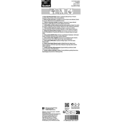 A multilingual label for Scotch® Extra Soft Felt Pads, self-adhesive, beige from 3M Deutschland GmbH describes the use for protecting wood and delicate floors, noise reduction, and provides instructions and manufacturing information.