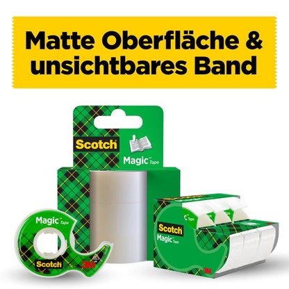 A display of 3M Deutschland GmbH's Scotch® Magic™ Invisible Tape (2 rolls, 19mm x 12m + 3.2m FREE & 1 hand dispenser), with German text "Matte surface & invisible tape" on a yellow background.