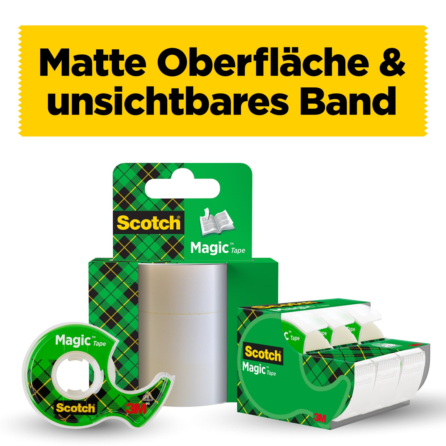 Scotch® Magic™ Invisible Tape (19 mm x 25 mm) from 3M Deutschland GmbH in green plaid design is shown with a handheld dispenser. Above it reads: "Matte surface & invisible tape.