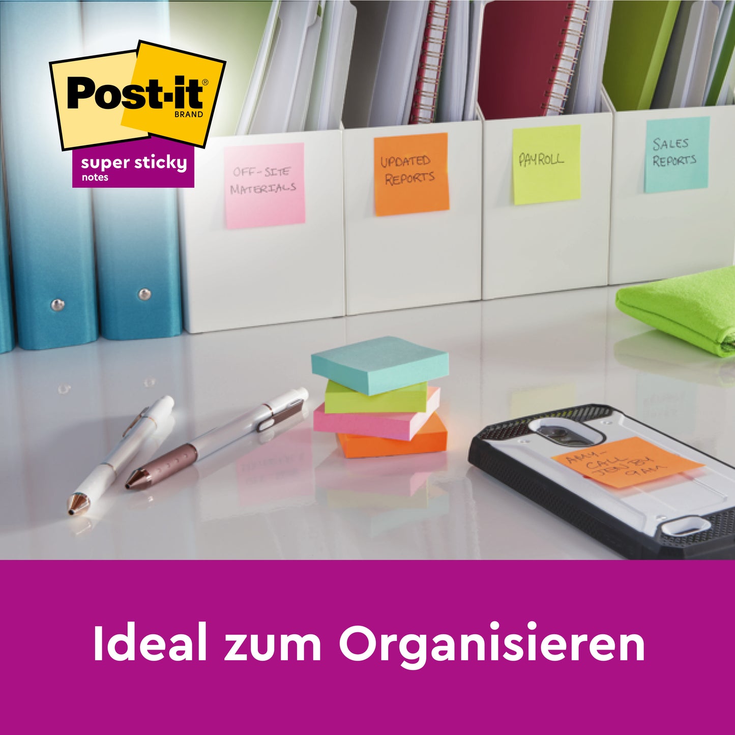 A row of file folders with colorful Post-it® Super Sticky 100% Recycled Notes (47.6 x 47.6 mm, 70 sheets/block, PEFC), pens, and a phone on a desk. The sticky notes label documents. Text: "Ideal for organizing." Depicted 3M logo.