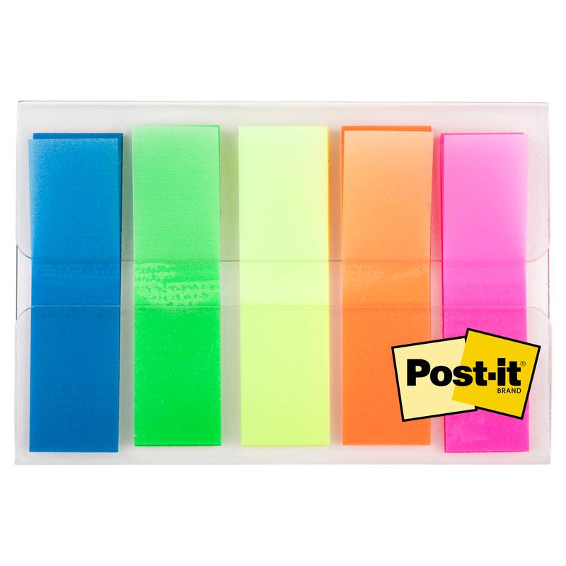A transparent plastic case contains 100 Post-it® Index Tabs Mini (11.9 x 43.2 mm) in the colors blue, green, yellow, orange, and pink from 3M Deutschland GmbH. The Post-it brand logo is located in the lower right corner of the dispenser.