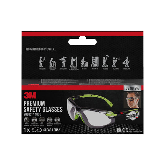 Die Abbildung zeigt die Verpackung der 3M™ Solus™ Schutzbrille 1000 mit Scotchgard™ Antibeschlag-Beschichtung, Klarsichtscheibe, und aufsteckbarer Schaumstoffdichtung der 3M Deutschland GmbH mit Produktbildern und Anwendungssymbolen.