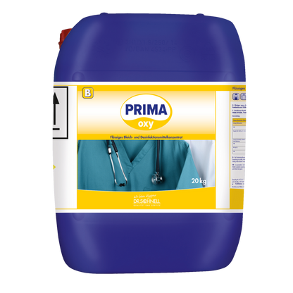 Ein großer blauer 20 kg Dr. Schnell PRIMA OXY Wäschedesinfektion automatische Dosierung Behälter der DR.SCHNELL GmbH & Co. KGaA für die professionelle Wäschedesinfektion, mit medizinischer Motivik, zur Verwendung als flüssiges Bleich- und Desinfektionsmittelkonzentrat.