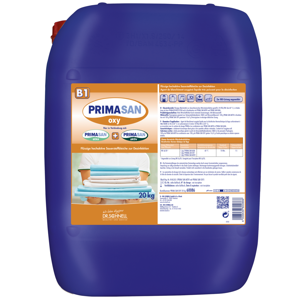 Ein großer blauer 20 kg Kunststoffbehälter mit der Aufschrift "Dr. Schnell PRIMA SAN OXY" der DR.SCHNELL GmbH & Co. KGaA, mit Produktangaben, Hygienehinweisen, Abbildungen von gefalteten Handtüchern auf dem Frontetikett, einer roten Kappe und der Verwendung als Desinfektionsmittel.