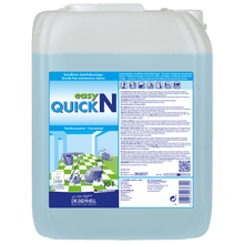 Ein 10-Liter-Gebinde Dr. Schnell EASY QUICK der DR.SCHNELL GmbH & Co. KGaA zeigt auf seinem Etikett Hinweise, Anwendungssymbole und Bilder von sauberen Oberflächen und eignet sich damit als vielseitiger Reiniger für den professionellen Einsatz.