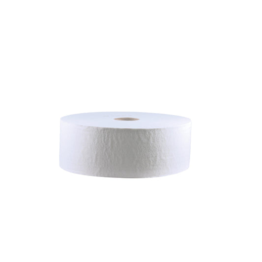 Eine CWS Großrolle Toilettenpapier Recycling, perforiert, Weiß, 2-lagig | Karton (6 Rollen) von CWS ist in einer Seitenansicht vor einem schlichten weißen Hintergrund abgebildet.