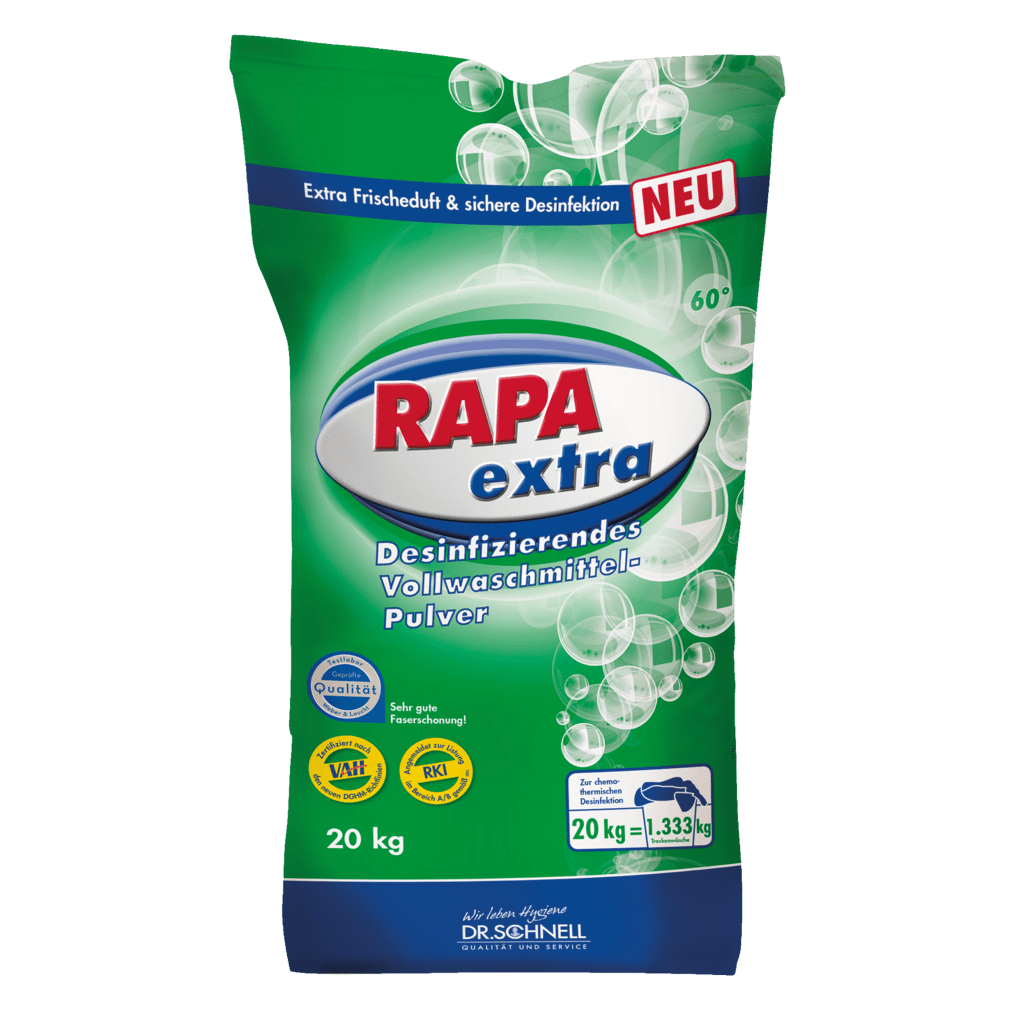 A green 20 kg bag Dr. Schnell RAPA EXTRA laundry disinfection manual dosing by DR.SCHNELL GmbH & Co. KGaA, with German info, white air bubbles, freshness highlights, quality seals, branding, and application instructions on the packaging.