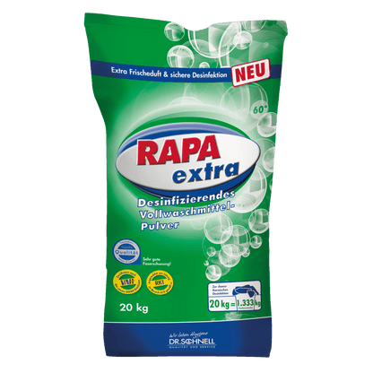 A green 20 kg bag Dr. Schnell RAPA EXTRA laundry disinfection manual dosing by DR.SCHNELL GmbH & Co. KGaA, with German info, white air bubbles, freshness highlights, quality seals, branding, and application instructions on the packaging.